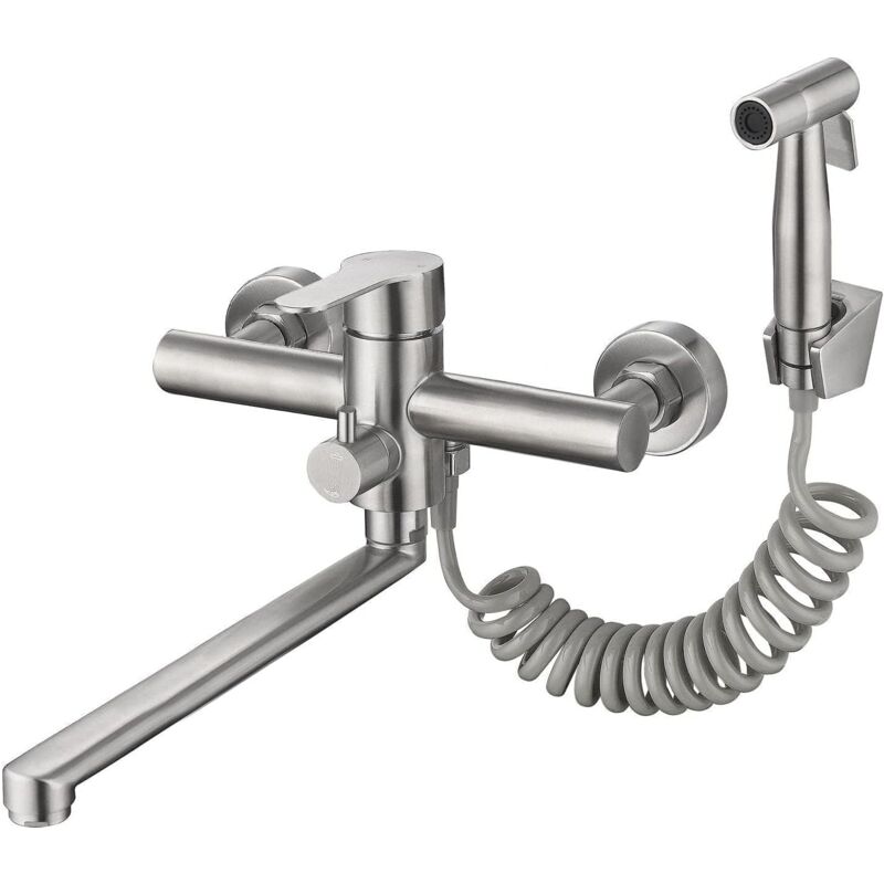 Robinet de cuisine mural en nickel brossé avec douchette latérale - Mitigeur d'évier utilitaire de qualité commerciale, sans plomb, bec de 12 po