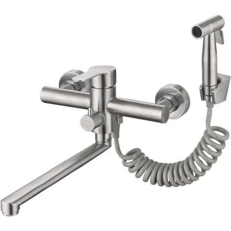 YMYNY Robinet de cuisine mural en nickel brossé avec douchette latérale - Mitigeur d'évier utilitaire de qualité commerciale, sans plomb, bec de 12 po