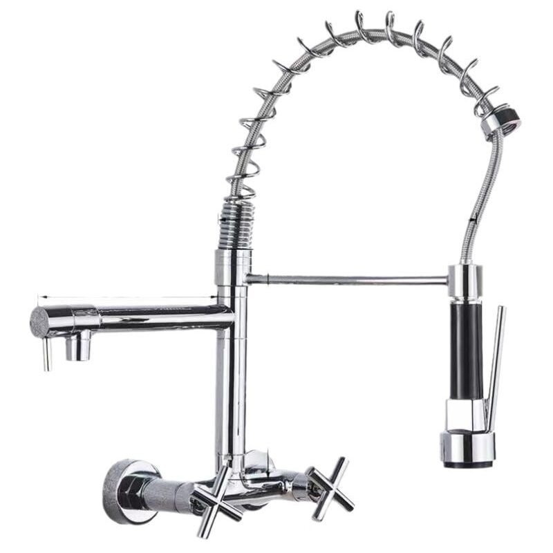 Robinet de cuisine mural encastré avec bec rétractable, robinet d'évier rotatif à 360° avec 3 modes de pulvérisation Placage d'argent