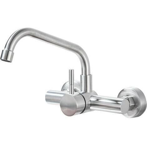 Robinet de Cuisine Mural, Mitigeur Mural Rotatif à 360°, Distance des Trous d'eau Chaude et Froide 150 mm, Robinetterie en Acier Inoxydable 304, Aérateur Démontable, Brossé