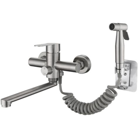 Robinet de Cuisine Mural Mitigeur pour Evier Robinetterie Cuisine avec pistolet de pulvérisation et 2 types de jets d'eau Rotatif à 360° en acier inoxydable brossé
