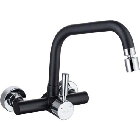 Robinet de Cuisine Mural Noir 2 Jets d'eau, Mitigeur d'évier Cuisine en Acier Inoxydable 304, Robinet Cuisine avec Bec Rotatif, Mitigeur Noir Encastré Monocommande Pivotant à 360°