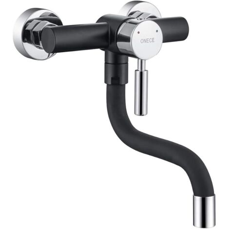 Robinet de Cuisine Mural Noir, Mitigeur Evier Pivotant à 360°, Robinetterie Encastré Monocommande En Acier Inoxydable 304, Aérateur ABS Démontable Anti-Éclaboussures