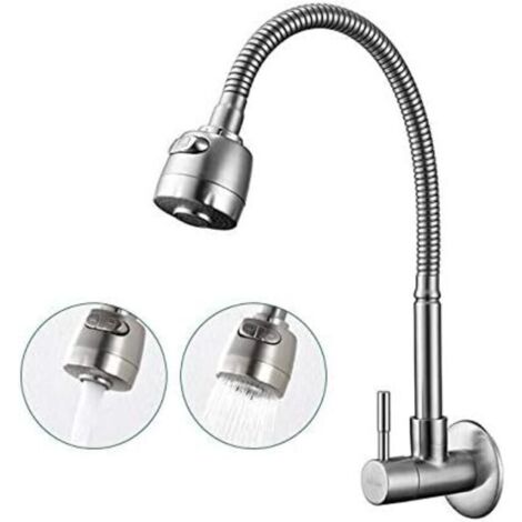 Robinet de Cuisine Mural Pivotant 180° avec Fonction Double Eau Froide et Tuyau Rétractable en Acier Brossé