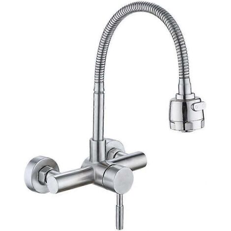 Robinet de cuisine mural pivotant à 360° avec douchette, mitigeur eau chaude/eau froide pour évier, levier unique