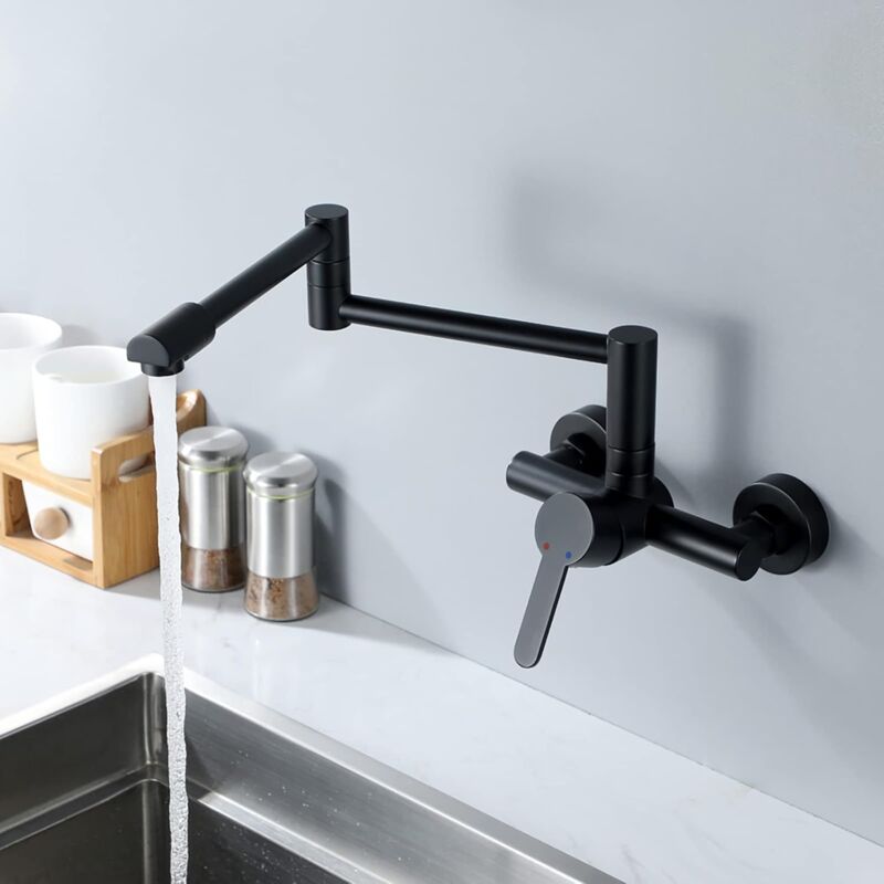 Robinet de cuisine mural Robinet de cuisine Robinet d'évier pivotant Robinet de cuisine mural à poignée unique - Noir