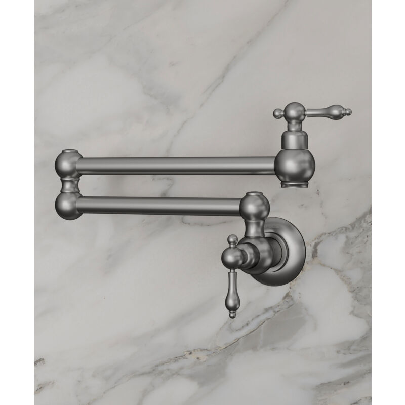 Robinet de cuisine mural rétractable à deux poignées avec deux joints pivotants eau froide - Nickel brossé