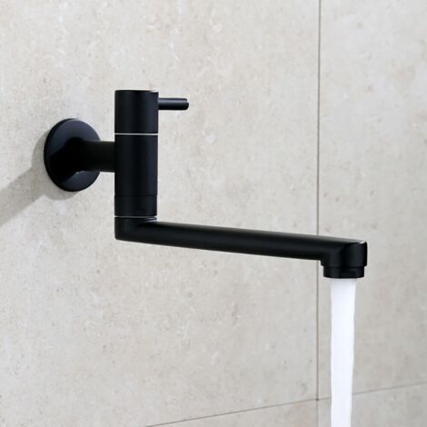 Robinet de cuisine mural uniquement - Robinet d'eau froide - Robinet mural - Robinet d'eau froide avec bec rotatif à 360° - Longueur : 23 cm - En acier inoxydable - Noir