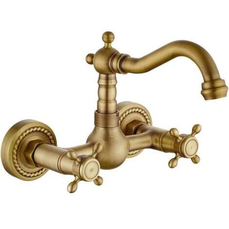 Robinet de cuisine mural vintage pivotant 360° Robinet pour cuisine mural double classique en laiton levier chaud et froid renforcé - Court