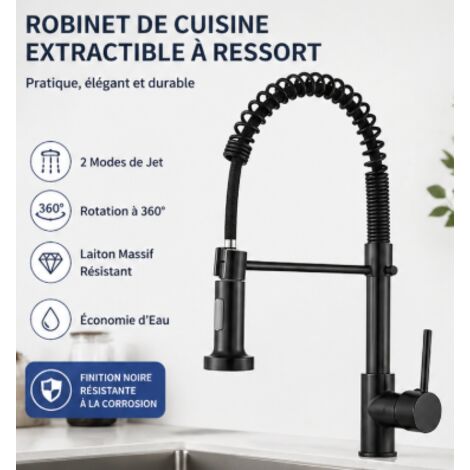 Robinet de cuisine noir 360° – Mitigeur monocommande – Bec flexible en laiton – Installation rapide – 44 x 25 cm