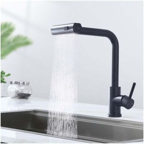 Robinet de Cuisine Noir Avec Douchette Extractible Robinetterie de Cuisine 3 Jets aux Choix Mitigeur Cuisine Rotatif à 360 Mitigeur Cuisine et Chaude et Froide Mitigeur d'Evier en Acier