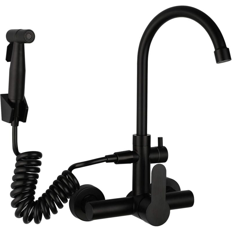 Galozzoit - Robinet de cuisine noir avec pistolet pulvérisateur et 2 types de jets d'eau Montage mural Mitigeur Encastré Monocommande en acier