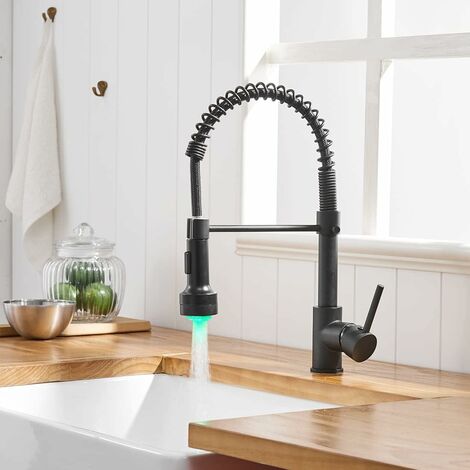 Robinet de cuisine noir avec ressort en spirale, robinet de cuisine robinets d'évier pivotants à 360 °, douche extractible - haute pression