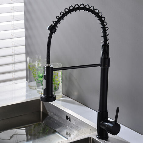 Robinet de cuisine noir avec ressort spiralé, robinet de cuisine pivotant à 360°, douchette extensible, haute pression