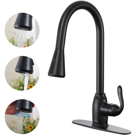 Robinet de cuisine noir mat à trois fonctions avec douchette extractible. Robinet de cuisine noir mat à poignée unique, montage sur plage, douchette extractible (plaque de montage incluse).