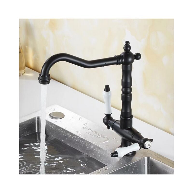 Jn.songs - Robinet de Cuisine Noir Mitigeur Chaud et Froid à Poignée à 360° Robinet de Lavabo en Laiton avec Deux Poignées