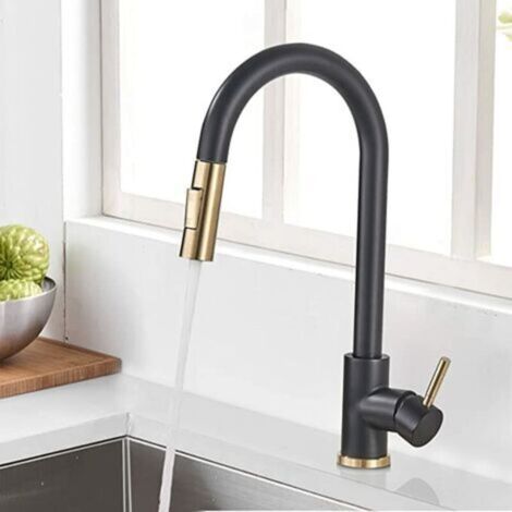 Robinet de Cuisine Noir + Or Brossé Pivotant avec 2 Modes de Jet Robinet Évier Mitigeur de Cuisine Mitigeur Monocommande
