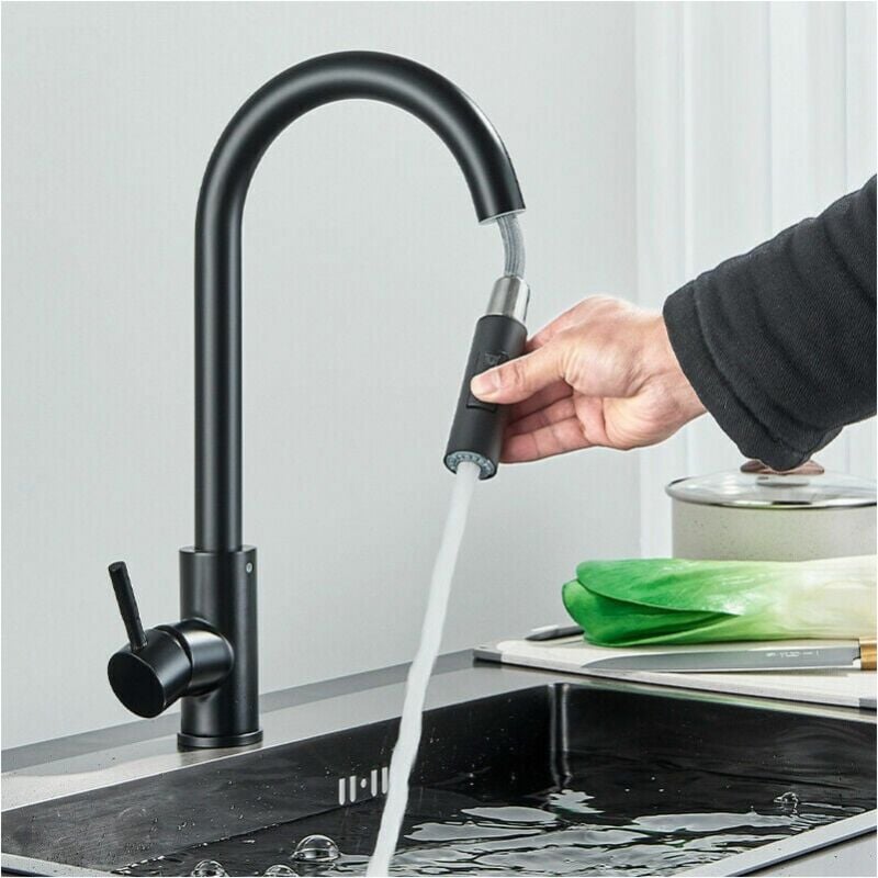 Robinet de cuisine noir, robinet de cuisine 2 modes, robinet télescopique, buse pivotante à 360 ° en acier inoxydable 304
