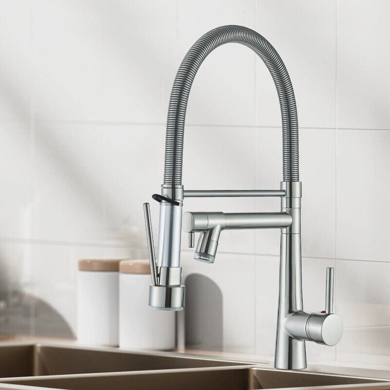 Suguword - Robinet de cuisine led avec ressort en spirale, robinet d'évier pivotant à 360 °, avec deux bec, robinet de cuisine et douchette