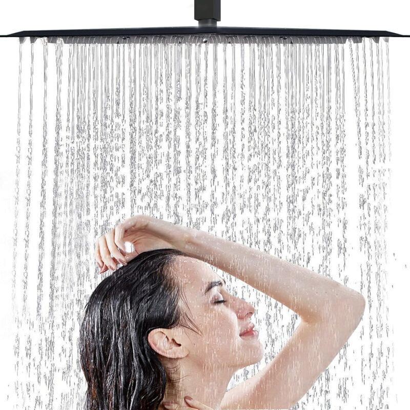 Pommeau de douche très mince à de 16 pouces Pommeau de douche à pluie carré Noir Buse en Silicone Facile à nettoyer Robinet fixe pour douche