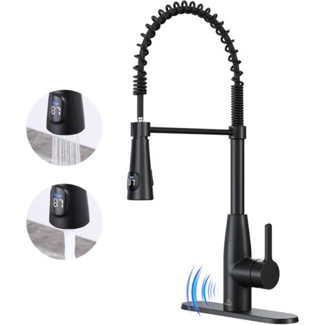 Robinet de cuisine numérique à double commande thermostatique à induction avec douchette intégrée, finition noire mate, à poignée unique et sans contact (plaque de montage incluse).