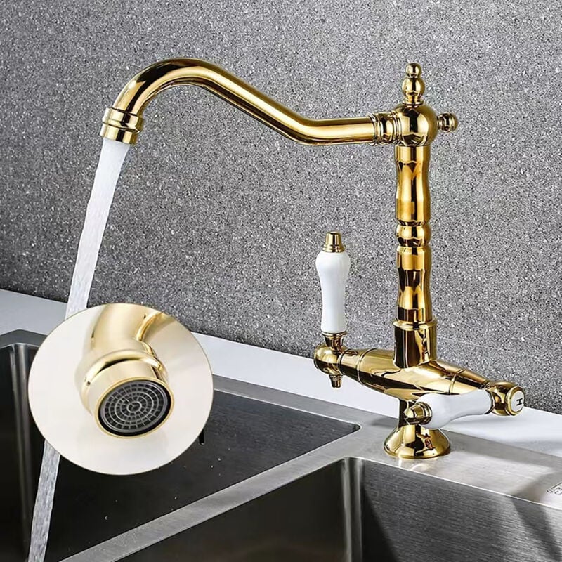 Jn.songs - Robinet de Cuisine Or Mitigeur Chaud et Froid à Poignée à 360° Robinet de Lavabo en Laiton avec Deux Poignées