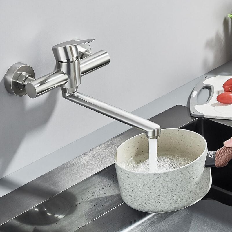 Suguword - Robinet de cuisine pinceau mural nickel froid chaud Single Bar agitateur double trou en acier inoxydable robinet de cuisine mural, 23cm