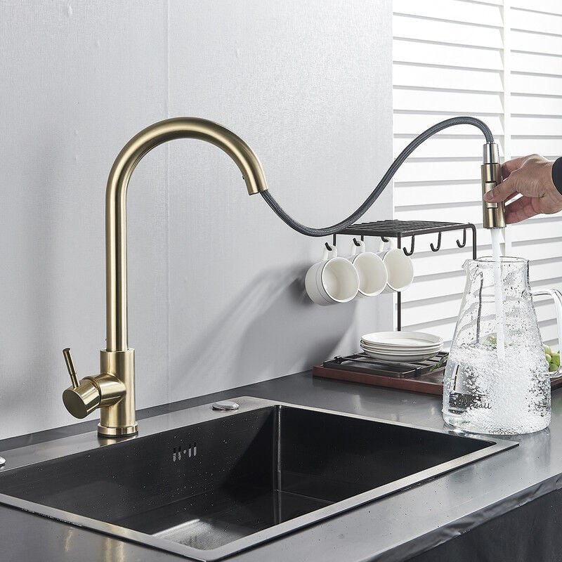 Robinet de cuisine Pivotant à 360° Doré brossé Avec douchette extractible Mitigeur de commande