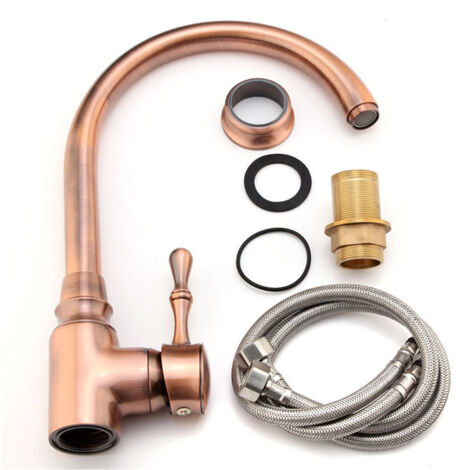 Robinet de cuisine pivotant pour eau chaude et froide avec tuyau d'arrivée d'eau, finition bronze antique rouge.