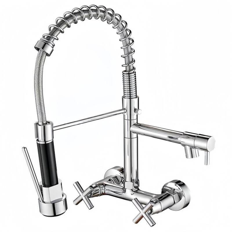 Fitags - Robinet De Cuisine Pour Lavabo à Ressort à Montage Mural, Robinet Mitigeur D'évier De Cuisine à Eau Chaude Et Froide à Double Poignée