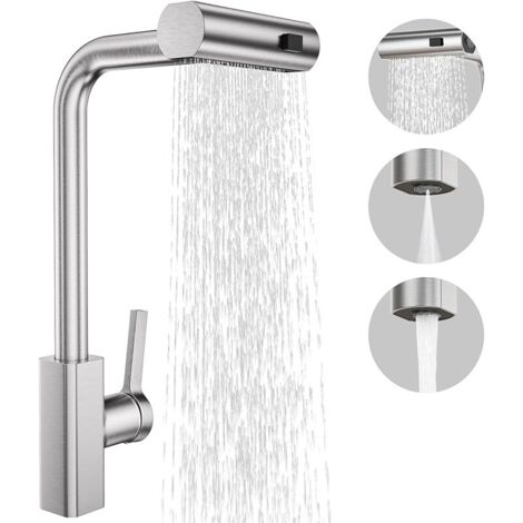 Robinet de Cuisine Professionnel avec Douchette Rétractable à 3 Modes, Mitigeur Monocommande en Acier Inoxydable, pour Éviers à 1 Trous, Cuisine, Bar, Camping-Car, Finition Nickel Brossé