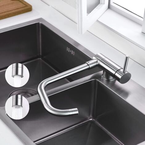 Robinet de Cuisine Rabattable, Mitigeur Évier 2 Jets Rotation 360°, Robinet devant Fenêtre, Acier Inox SS304 Brossé Anti-Empreintes