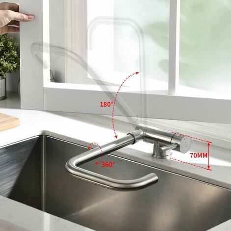 Robinet de Cuisine Rabattable Sous Fenêtre avec , Mitigeur Cuisine Pliable à 180° et Rotatif à 360° ，Froid & Chaud Disponible, en Acier Inox 304 - Acier Inoxydable