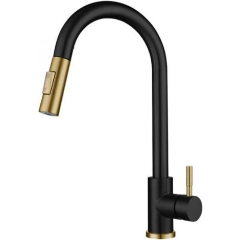 Robinet de cuisine, rétractable, avec évier pivotant à 360°, 2 modes de pulvérisation (Black Gold)