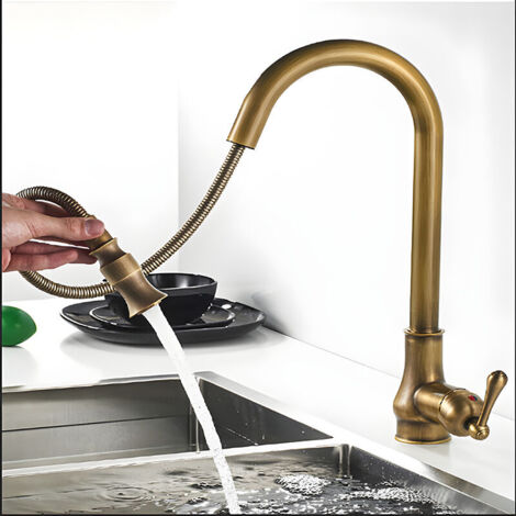 Robinet de cuisine rétro en cuivre de luxe - Style antique - Pivotant à 360° - Surface brossée - Design élégant et durable