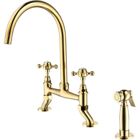 Robinet de Cuisine, RKF0364 Moderne Cuisine Robinet avec Pulvérisateur Latéral, 3 Trous 2 Poignées Mitigeur Cuisine, 59A Laiton, Anticorrosion, Durable