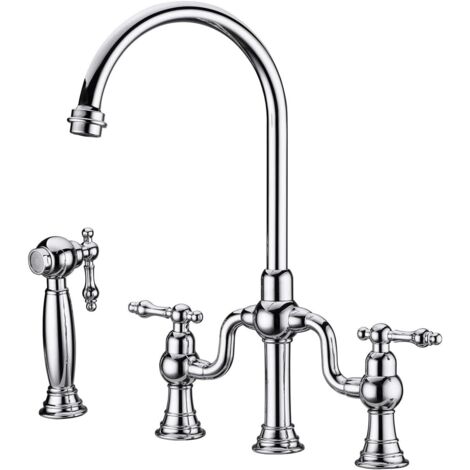 Robinet de Cuisine, RKF0398 Rétro Cuisine Robinet avec Pulvérisateur Latéral, 4 Trous 2 Poignées Mitigeur Cuisine, 59A Laiton, pour Eau Froide et Chaude
