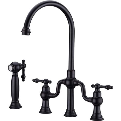 Robinet de Cuisine, RKF0398 Rétro Cuisine Robinet avec Pulvérisateur Latéral, 4 Trous 2 Poignées Mitigeur Cuisine, 59A Laiton, pour Eau Froide et Chaude