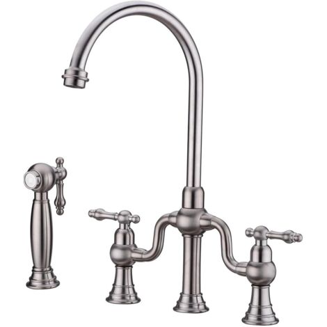 Robinet de Cuisine, RKF0398 Rétro Cuisine Robinet avec Pulvérisateur Latéral, 4 Trous 2 Poignées Mitigeur Cuisine, 59A Laiton, pour Eau Froide et Chaude