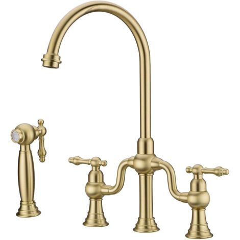 Robinet de Cuisine, RKF0398 Rétro Cuisine Robinet avec Pulvérisateur Latéral, 4 Trous 2 Poignées Mitigeur Cuisine, 59A Laiton, pour Eau Froide et Chaude