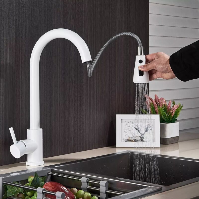 Suguword - Robinet de cuisine Robinet de cuisine blanc avec douche Robinet de cuisine rotatif à 360 ° Robinet d'évier à levier unique en chrome