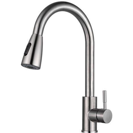 Robinet de Cuisine, Robinet d'Évier à Arc Élevé avec Douchette Extensible, Mitigeur Rotatif à 360° en Acier Inoxydable avec 3 Modes de Pulvérisation