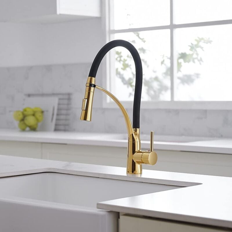 Robinet de Cuisine Robinet d'Évier Douchette Extensible Mitigeur d'Évier en Laiton Pivotant à 360° - Or