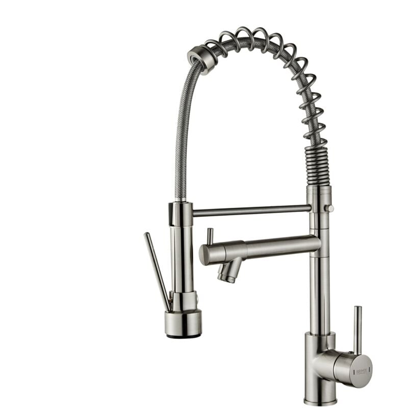 Cyslmuk - Robinet de cuisine, robinet d'évier avec douchette extractible, 2 fonctions, bec pivotant à 360 °, robinet d'évier - argent brossé