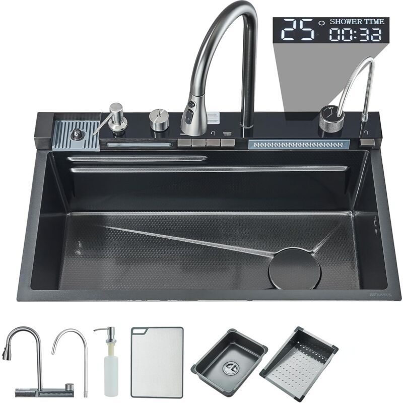 Suguword - vier de cuisine à bac unique avec cascade d'eau volante, robinet multifonctionnel numérique intelligent à sortie télescopique, lave-tasse