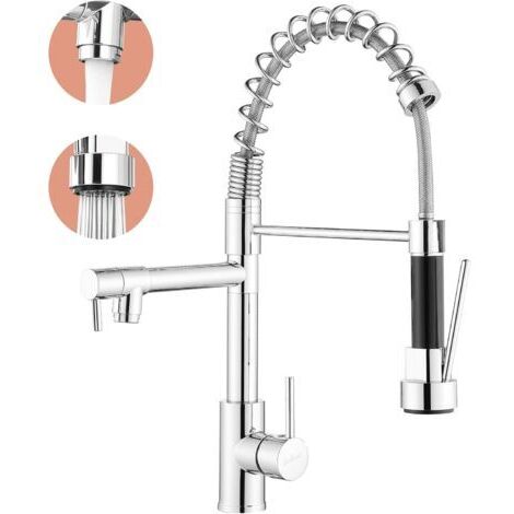Robinet de cuisine - Robinetterie de cuisine avec douchette extractible, pivotant à 360°, mitigeur haute pression pour cuisine, robinet d'évier de cuisine double pulvérisation en acier inoxydable
