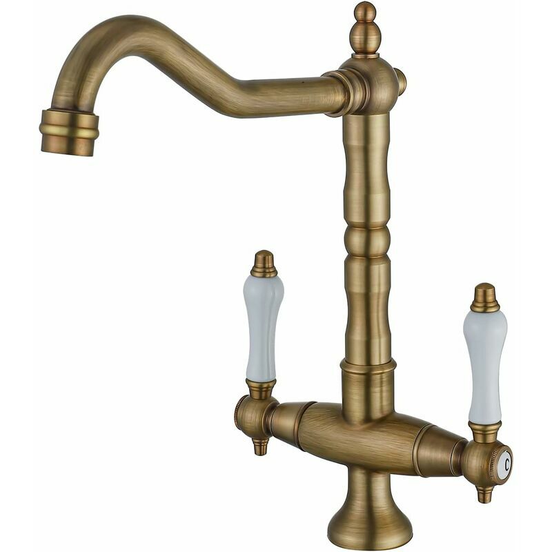 Robinet de cuisine style antique, pivotant à 360°, double poignée en laiton avec bec haut