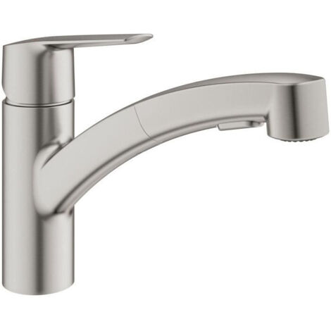 Robinet de cuisine - Supersteel - Mitigeur moncommande évier - Douchette extractible - Bec bas pivotant 90° - GROHE Start - 30