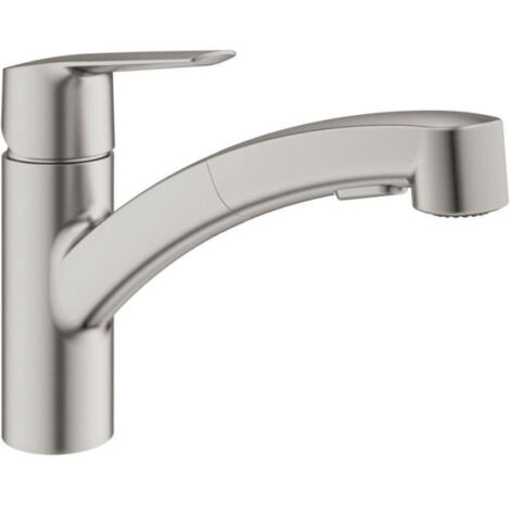 Robinet de cuisine - Supersteel - Mitigeur moncommande évier - Douchette extractible - Bec bas pivotant 90° - GROHE Start -