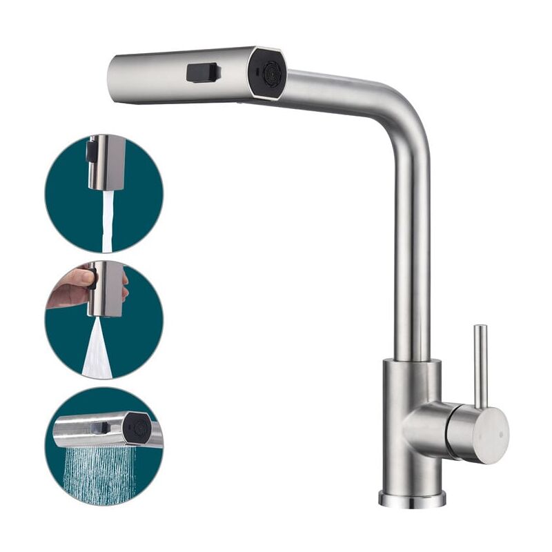 Vuszr - Robinet de CuisineAvec Douchette Extractible Robinetterie de Cuisine 3 Jets aux Choix Mitigeur Cuisine Rotatif à 360 Mitigeur Cuisine et